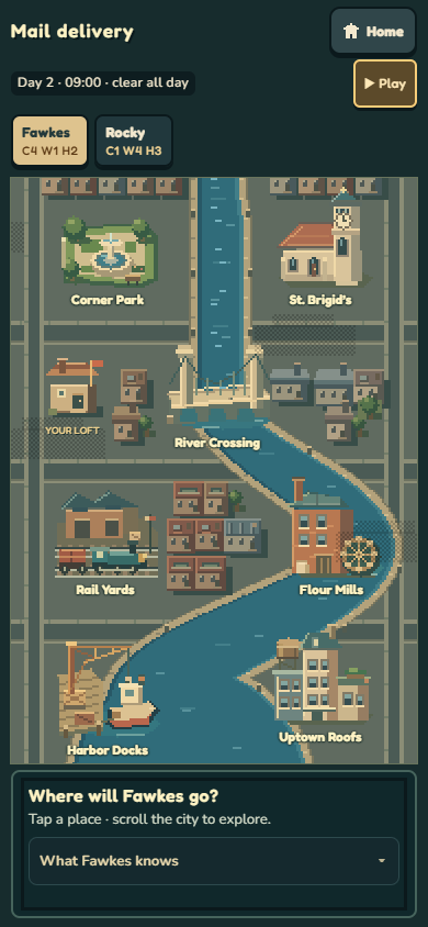 The mail city map with tappable delivery destinations