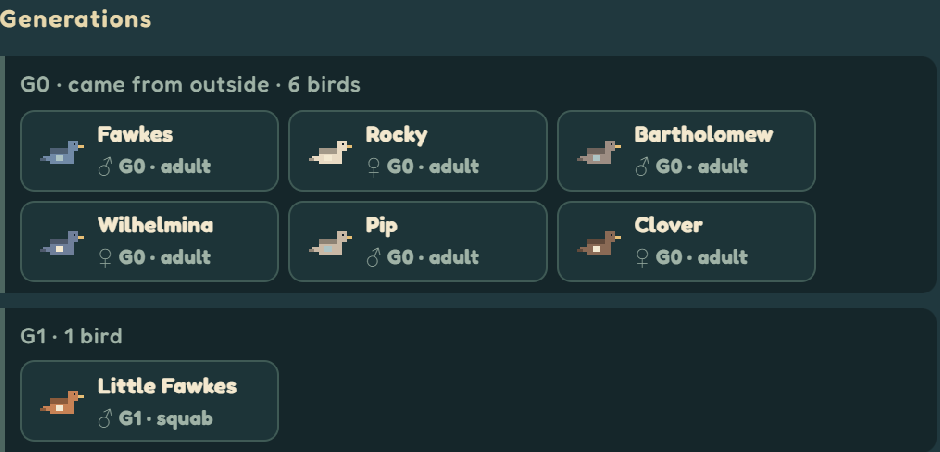 The family tree: six founding pigeons and their first chick, Little Fawkes