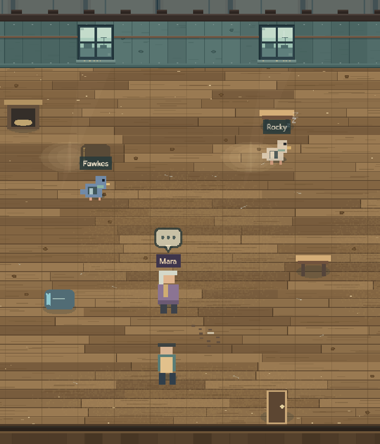 The loft on Day 1: two pigeons named Fawkes and Rocky, and Mara the old keeper waiting to talk