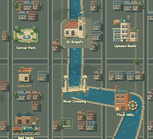 The city map: your loft, Corner Park, St. Brigid's, the river crossing and the Flour Mills