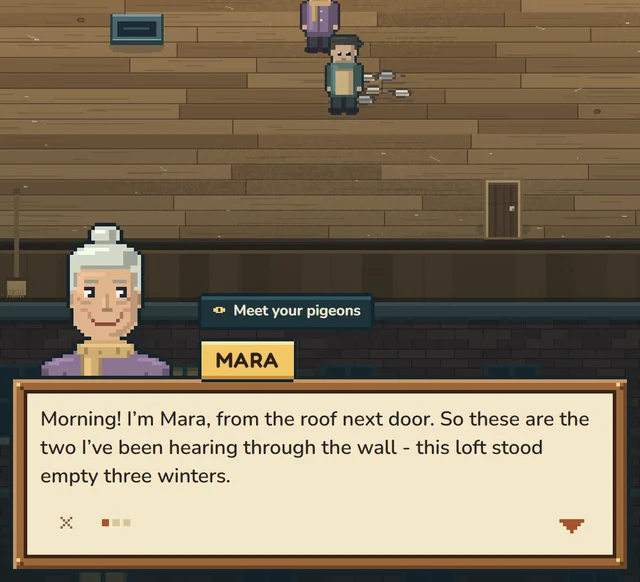 Mara, the old keeper next door, introducing herself in the loft