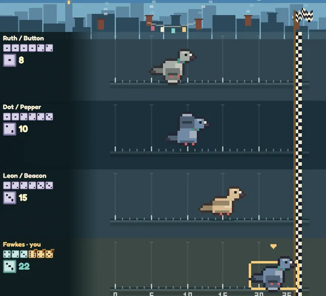 A dice race over the Parish Rooftops: four pigeons nearing the finish post