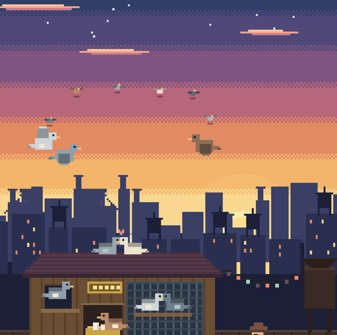 Pixel-art rooftop loft at sunset: pigeons on the roof and in the cage, a nest with eggs, the keeper, and a flock crossing the city skyline