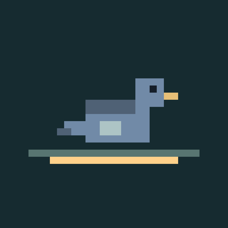 Square icon: Fawkes, a blue-grey pixel pigeon with a gold beak, on a small perch